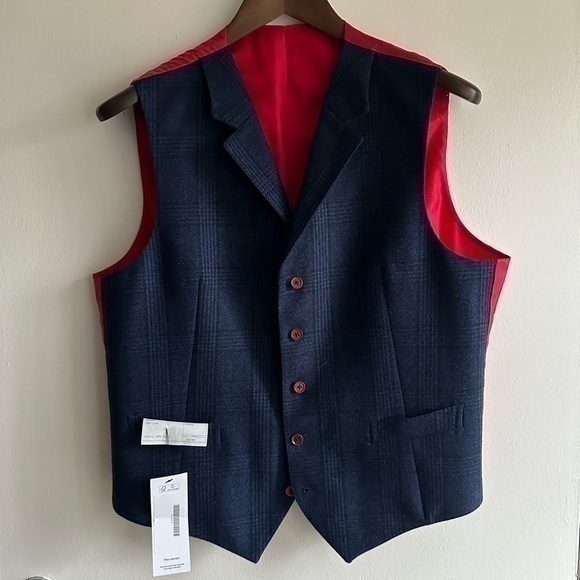 ISAIA Red and Navy Contrast Glenplaid Waist Coat - Picture 1 of 6